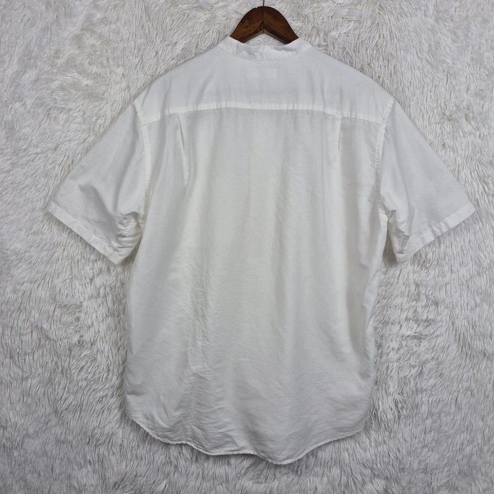 Uniqlo Mens White Cotton Linen Band Collar Short Sleeve Shirt Size M